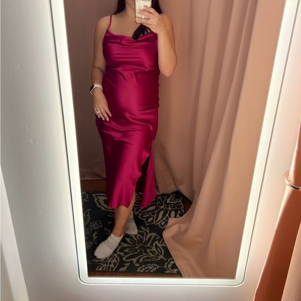 She + Sky Satin Midi Dress in Deep Pink